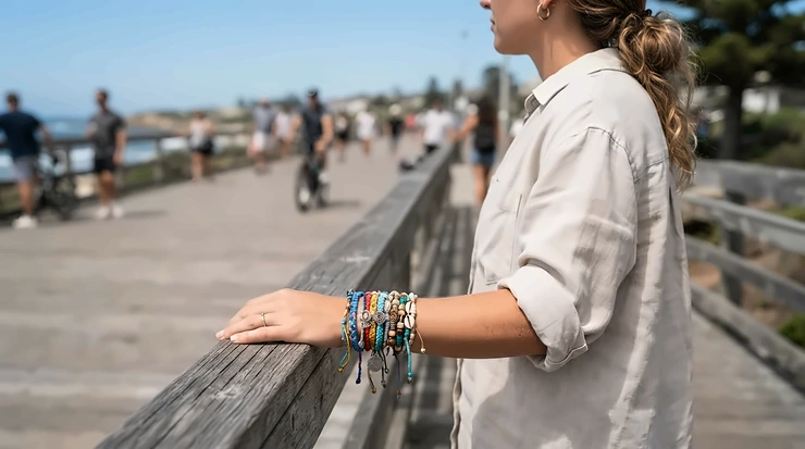 A stylish boho outfit featuring a handcrafted hemp cord bracelet for beach style.