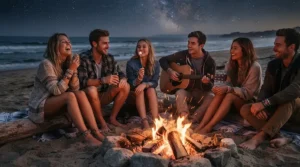 Friends gathered around a beach bonfire wearing a hemp cord bracelet for beach style.