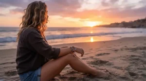 A person wearing a hemp cord bracelet for beach style while relaxing during golden hour.