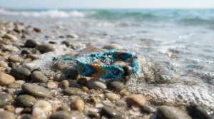 A saltwater-resistant hemp cord bracelet for beach style submerged near the ocean shore.