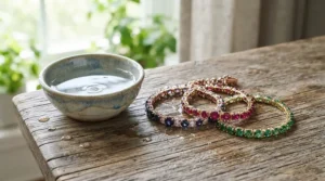 Cleaning accessories next to a natural stone bracelet and a crystal bracelet on a clean surface.