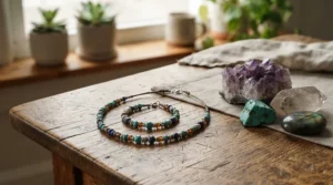 Labradorite bracelet for meditation resting on a wooden surface with raw healing stones