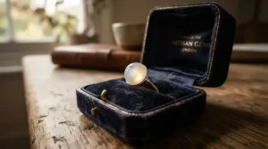 A luxury akoya pearl bracelet resting inside an open velvet presentation box