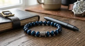 Deep blue tiger's eye bracelet for men showing natural chatoyant luster