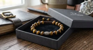Men's tiger's eye bracelet displayed in an elegant gift box