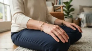 Person wearing a natural labradorite bracelet for meditation during a quiet mindfulness session.