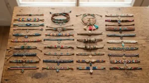 Styling inspiration showing how to stack a natural stone bracelet alongside a crystal bracelet for daily wear.