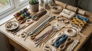 A neat flat-lay arrangement highlighting a nylon cord bracelet vs waxed cotton cord bracelet alongside crafting tools.