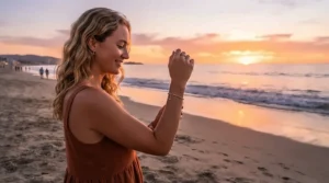 A surfer checking a nylon cord bracelet vs waxed cotton cord bracelet on the beach at sunset.