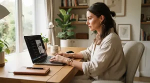 A smiling woman typing on a laptop while wearing her favorite pearl bracelet for sensitive skin at a desk.