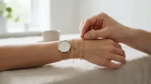 A person gently touching a smooth pearl bracelet for sensitive skin, highlighting irritation-free comfort.