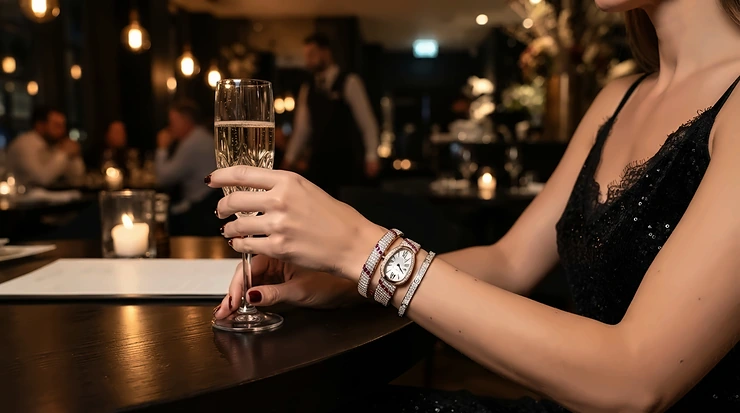 A pearl bracelet for sensitive skin worn elegantly with a evening dress for a special night out.