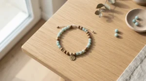 Close-up of a hypoallergenic pearl bracelet for sensitive skin displayed on a clean wooden tabletop.