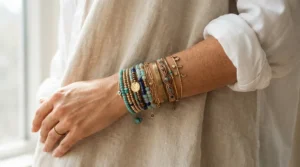 A layered pearl bracelet for sensitive skin paired with minimalist silver bangles on an arm.