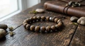 Men's raw tiger's eye bead bracelet featuring a rugged matte finish