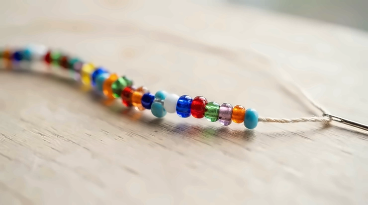 A close-up of a colorful silk cord bracelet for delicate jewelry threaded with tiny gemstone beads.