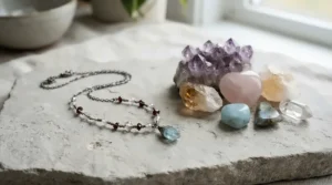A finished silk cord bracelet for delicate jewelry paired alongside natural gemstone crystals.