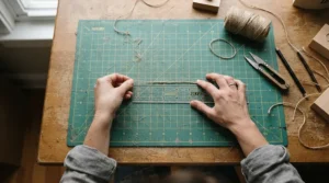 A designer carefully measuring a handmade silk cord bracelet for delicate jewelry on a mat.
