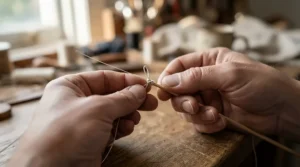 Demonstrating the secure knotting technique of a silk cord bracelet for delicate jewelry.