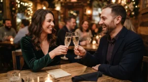 A happy couple toasting champagne while she wears her new south sea pearl bracelet for anniversary gift.