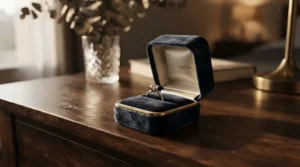 A luxurious south sea pearl bracelet for anniversary gift presented in an open velvet box on a wooden table.