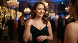 A stylish south sea pearl bracelet for anniversary gift paired with an elegant evening gown at a gala event.