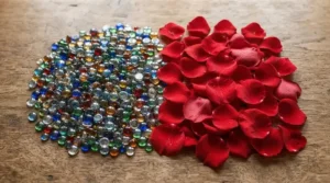 Flat lay photography featuring a classic south sea pearl bracelet for anniversary gift surrounded by red roses.