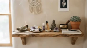A spiritual labradorite bracelet for meditation paired with sage and crystals on an altar.