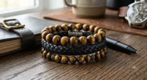 Stacked men's tiger's eye bracelet paired with braided black leather