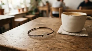 A soft suede bracelet for casual outfits resting on a wooden table at a cozy local coffee shop.