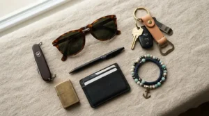 A flat lay arrangement featuring a versatile suede bracelet for casual outfits and everyday essentials.