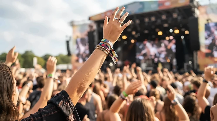 A bohemian-inspired suede bracelet for casual outfits worn at an outdoor music festival.