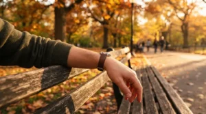 A comfortable suede bracelet for casual outfits worn during a relaxing autumn park walk.
