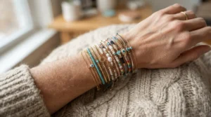 A layered suede bracelet for casual outfits styled in a trendy stacked wrist arrangement.