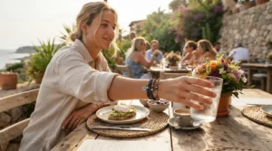 A chic suede bracelet for casual outfits accessorizing a relaxed weekend brunch outfit.