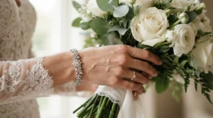 A stunning Swarovski crystal bracelet for weddings worn by a smiling bride showing her bouquet.