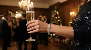 A matching Swarovski crystal bracelet for weddings styled for a bridesmaid in a pastel gown.