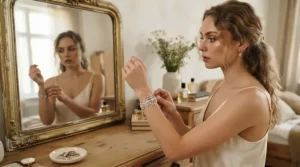 A bride putting on her Swarovski crystal bracelet for weddings during morning bridal preparations.