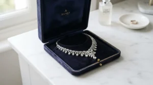 A Swarovski crystal bracelet for weddings presented inside a keepsake gift box with a handwritten note.