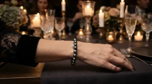 An elegant black pearl bracelet formal wear piece functioning as a tahitian pearl bracelet for evening wear.