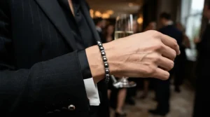 Essential black tie accessories including a gleaming tahitian pearl bracelet for evening wear.