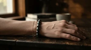 A polished tahitian pearl bracelet for evening wear catching the dim lights of a fine dining establishment.
