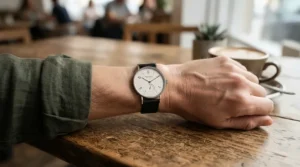 A stylish vegan leather bracelet for women worn at a cozy coffee shop table, highlighting sustainable everyday accessories.
