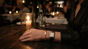 A sophisticated vegan leather bracelet for women styled for an evening dinner date in the city.