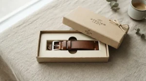 An elegant vegan leather bracelet for women displayed inside a recycled gift box, perfect for eco-conscious shoppers.