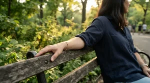 A cruelty-free vegan leather bracelet for women featured during a sunny weekend walk in a city park.