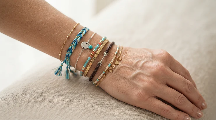 A layered vegan leather bracelet for women combined with minimalist metal bangles for a trendy stacked look.
