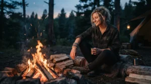 A camper relaxing by a campfire at dusk, wearing a rugged canvas bracelet for outdoor activities.