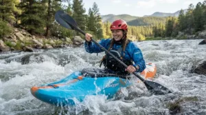 Paddling through whitewater rapids while wearing a sweat-resistant canvas bracelet for outdoor activities.