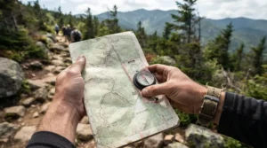 Checking a topographic map with a compass and a tactical canvas bracelet for outdoor activities.